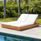Outdoor Double Sunlounge Patio Chaise Lounge 5 Adjustable Position Lawn Sunbathing Bed Patio Daybed with Cushion, Natural