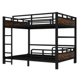 Queen over Queen Size Metal Bunk Bed with Detachable Platform Bed, Loft Bed, Black+Wood