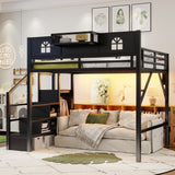 Full Loft Bed with Stairs & Built-in Wardrobe, Metal Bed Frame with LED Lights, USB Charging Station & Storage Shelves
