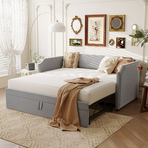 Twin Size Velvet Upholstered Daybed with Pop Up Trundle, 2-in-1 Sofa Bed for Bedroom Guest Room