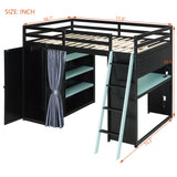 Full Size Wood Loft Bed with Blackout Curtains, USB Port, Wardrobe, Lights, Pegboard & Keyboard Tray, Black+Blue