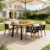 5-Piece Acacia Wood Patio Dining Set, Outdoor Dining Table and 6 Woven Rope Armchairs with Cream Cushions