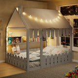 Full Size Toddler Bed Kid Floor Bed Montessori House Bed Platform Bed with Tent, Light, 3 Storage Shelves & Safety Fence Rail, Gray