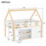 Twin-size low loft bed with Step Staircase, Shelving, Cabinets and LED lights, White and Natural