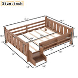 Full Size Floor Bed with Storage Bookcases, Solid Wood Kids Floor Bed with Cute Stairs and Guardrails, No Box Spring Needed, Natural