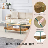 Rectangular floating coffee table, wooden color glass legs, 43.3" wide x 23.6" long x 16.7" high