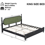 King Bed Frame, Solid Wood Platform with Slats, Modern Green & Black Bedroom Furniture, No Box Spring Needed