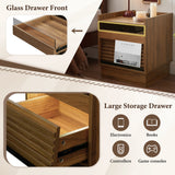 Mid Century Modern Nightstand with Charging Station and LED lights, Night Stand with 2 Drawers, Bedside Tables/End Table for Bedroom or Living Room