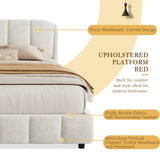 Queen Size Platform Bed with Boucle Fabric, Soft Boucle Fabric Upholstered Platform bed with Curve-Shaped Design Headboard, Beige, Easy Assembly