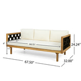 Three-Seater Outdoor Daybed with Beige Cushions & Black Flat Rope, Acacia Wood Frame Teak Finish, 67.5'' L x 32'' W x 24.24'' H Patio Garden Deck Lounge Sofa for Outdoor