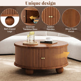 Round Fluted Coffee Table with Storage, Pine Solid Wood, Sliding Door