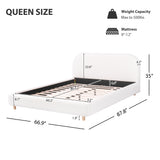 Queen Size Upholstered Bed With Boucle Fabric,Curved-Shape Design Thick Headboard, Solid Wood Legs,White