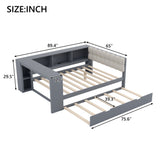 Wood Full Size Platform Bed with Storage Shelves, Trundle, Charging Station and Upholstered Headboard