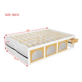 Queen Size Wooden Platform Bed with Bookshelf, Display Cabinet, LED Light and Drawer, White+Natural