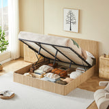 King Size Lift Up Storage Bed Frame, Wooden corrugated curved lines, Hydraulic Storage/No Box Spring Needed, Oak