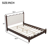 Queen Size Wood Platform Bed with Upholstered Headboard, Espresso Frame+Beige Fabric