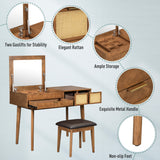 Classic Wood Makeup Vanity Set with Flip-top Mirror and Stool, Dressing Table with Three Drawers and storage space