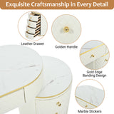 Luxury Makeup Vanity Desk with 3-Color LED Mirror & Stool, Adjustable Length Vanity Table with Movable Side Cabinet, 6 Drawers Storage, Marble-Look Sticker Top, PU Leather Drawers, Gold Stainless Steel