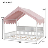 Full Size Wooden Floor Bed,House-Shaped Daybed with Fense,3 Storage Bookshelves,Curtain and LED Light