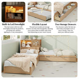 L-Shaped Combination Twin Bed Frame with Trundle and Drawer,3-in-1 Low Corner Platform Bed Linked with Built-in Desk and Led Downlight, Natural