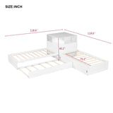 Twin Size L-Shaped Platform Bed with Storage Cabinets,Desk,Trundle and LED Light