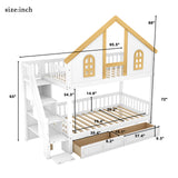 Twin Size Wooden House Roof Bunk Bed with Window Door and Roof,Storage Drawers and Staircase,White+Natural