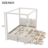 Upholstery Canopy Platform Bed with Trundle and Three Storage Drawers, Beige