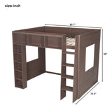 Queen Size Wooden Loft Bed with Storage Cabinets and Shelves