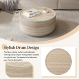 Round Coffee Table with Faux Luxury Marble Look, Drum Small Center Table With Strong Structure, Minimalist Mars Pattern End Table for Living Room, Bedroom, No Assembly Required