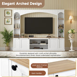 Elegant Arched Entertainment Center Wall Unit with Bookshelf, Farmhouse TV Stand with Wood Grain for TVs Up to 70", 91inch Media Console with Adjustable Shelves for Living Room