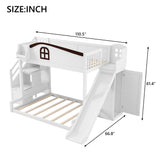 Twin over Full Bunk Bed with Storage Staircase, Shelf, Slide and Wardrobe, White+Espresso