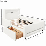 Twin Size upholstered platform bed with drawer, LED light strip, USB port, White