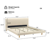 Beige Chunky Headboard Bed Frame, Solid Rubberwood Legs