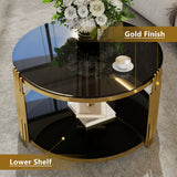 Modern Black Mirror Coffee Table, Asymmetrical Metal, Circular Metal Drum Base, Gold Finish & Lower Shelf