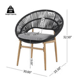 Cyril Outdoor Wicker Papasan Style Dining Chair, Teak Finished Leg and Dark Gray Faux Rattan, Gray Cushion, Set of 2