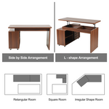 55.1''L, Walnut Home Office L-Shaped Executive Desk , Height Adjustable Desk with Storage Drawers and Cabinet