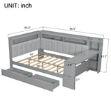 Full Size Daybed with Storage Shelves,Drawers,Charging Station,LED Light,Desk and Upholstered Headboard and Backrest
