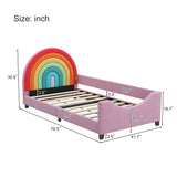 Rainbow Upholstered Daybed Low to The Ground Design Cute Style Princess Bed for Boys & Girls, Teens, Colorful & Pink
