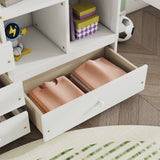 Full Size Loft Wood Bed with Desk, Storage shelves and Drawers, Built-in Ladder, High Loft Bed with Desk, Storage Shelves and Drawers,Guardrails