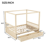 Wooden Canopy Bed with Storage Drawers, Queen size, Natual