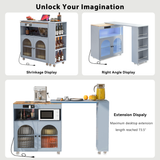 Rolling Kitchen Island With Extended Table, Kitchen Island on Wheels with LED Lights,Power Outlets and 2 Fluted Glass Doors, Kitchen Island with a Storage Compartment and Side 3 Open Shelves