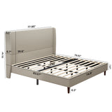 High Headboard Upholstered Bed, King Size Bed Frame, 12-Slat Support, Easy to Assemble, Beige, Linen Cloth, No Box Spring Needed
