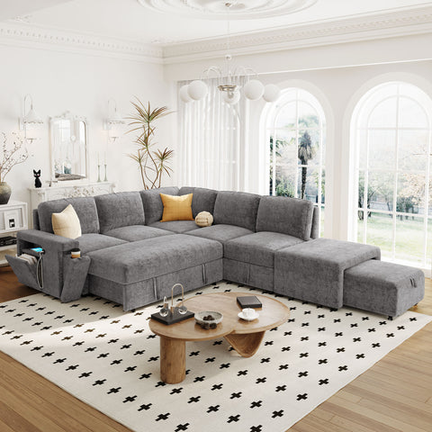 90.6" L-Shaped Padded Modular Sofa with Storage Space, Reversible Sectional Couch with USB Ports, and Cup Holders on the Armrests