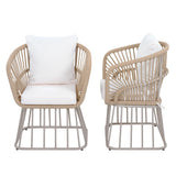 Outdoor Wicker Dining Chair, Teak Finish Wicker & Beige Steel Frame, 300LBS Capacity with Cushion