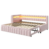 Twin XL to King Size Daybed Bed Upholstered Sofa Bed with LED Lights, USB Ports & Pull Out Trundle Bed, Pink