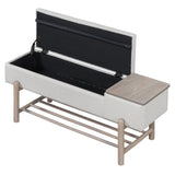 Farmhouse Upholstered Storage Bench, Modern Entryway Bench with Hidden Compartment & Lower Rack, Natural