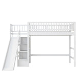 Twin Size Loft Bed with LED Lights, Storage Staircase & Slide, White