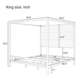 King Size Canopy Bed Metal 4-Poster Bed Frame with Tall Linen Fabric Upholstered Headboard, Box Spring Needed, Black+White