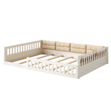 Full Size Upholstered Platform Bed Frame, Toddler Beds with Guardrail and Pillow, Beige-ModernLuxe