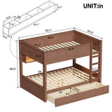 Bunk Bed with Storage Cabinets, LED Lights & 2 Drawers, Pine Wood Bed Frame, Full XL Over Full XL